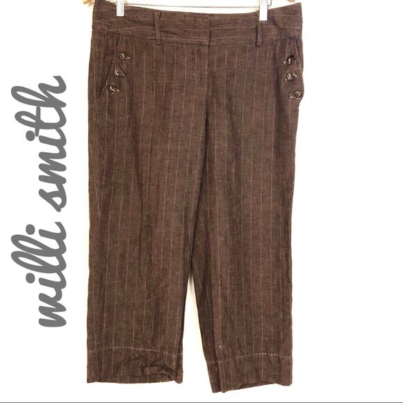 5/$25 Willi Smith Linen Brown Pinstriped Cropped Pants Women's Size 6 - Picture 1 of 5